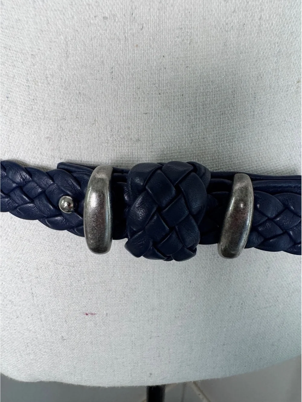 Vintage Navy blue braided leather belt featuring silver-tone hardware